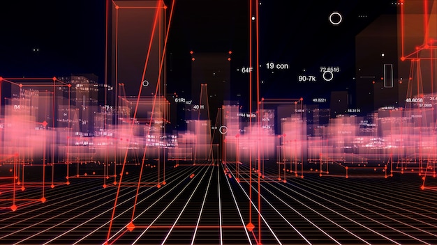 Renderowanie 3D abstrakcyjne technologiczne cyfrowe miasto z danych w cyberprzestrzeni, przechowywanie informacji w przestrzeni informacyjnej