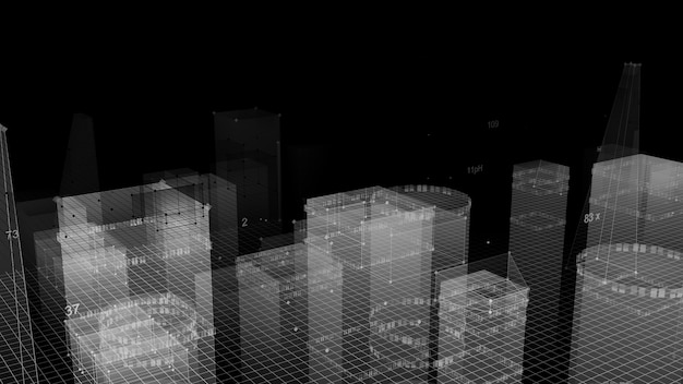 Renderowanie 3D abstrakcyjne technologiczne cyfrowe miasto z danych w cyberprzestrzeni, przechowywanie informacji w przestrzeni informacyjnej