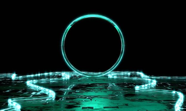 Renderowanie 3D Abstrakcyjne tło koncepcji technologii koło z niebieskimi światłami