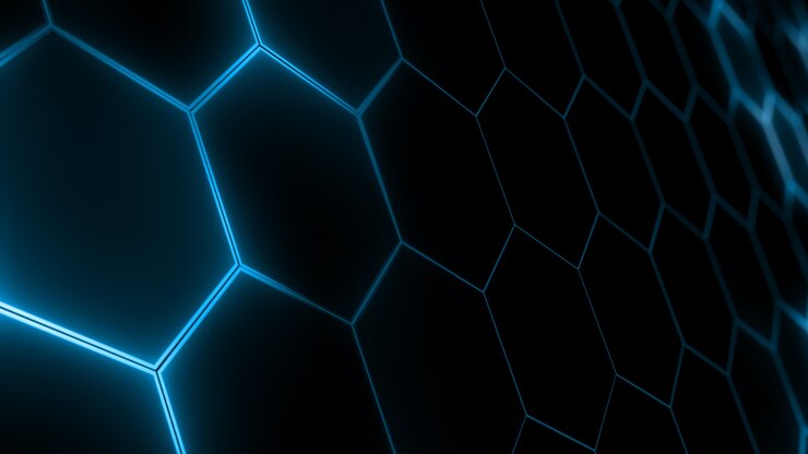 Renderowanie 3D abstrakcyjnej futurystycznej sześciokątnej siatki z efektami świetlnymi