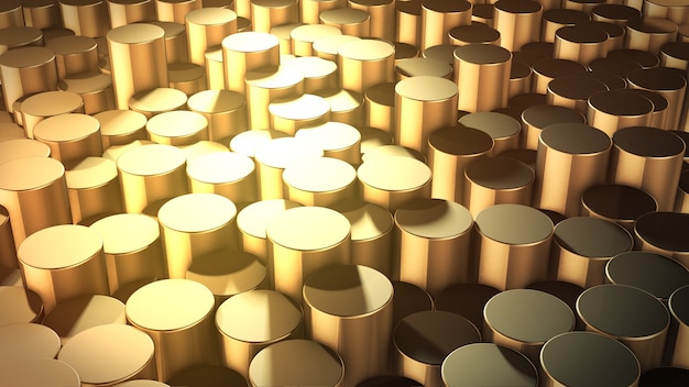 Renderowanie 3D abstrakcyjnych cylindrycznych geometrycznych złotych powierzchni w wirtualnej przestrzeni