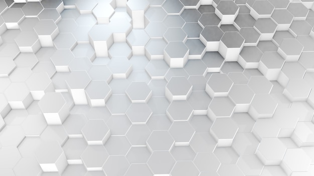 Renderowanie 3D abstrakcyjnych sześciokątnych geometrycznych białych powierzchni w wirtualnej przestrzeni