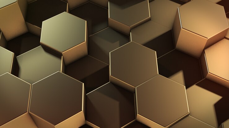 Renderowanie 3D abstrakcyjnych sześciokątnych geometrycznych złotych powierzchni w wirtualnej przestrzeni