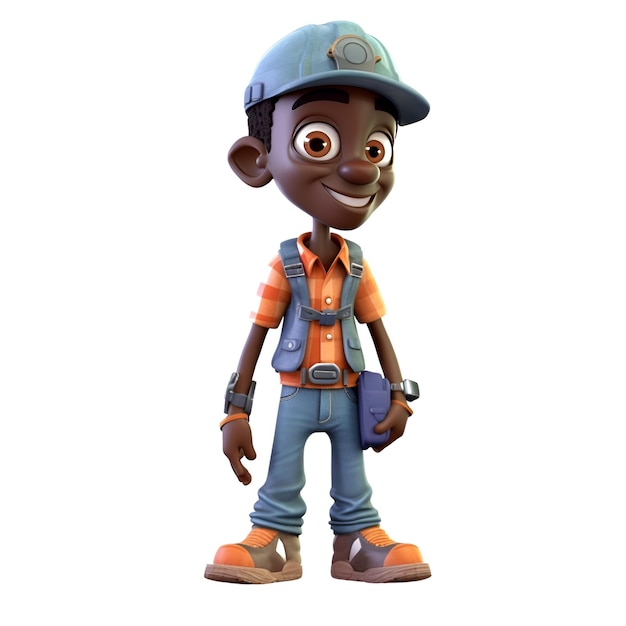 Renderowanie 3D afrykańskiego chłopca robotnika w kasku i kombinezonie