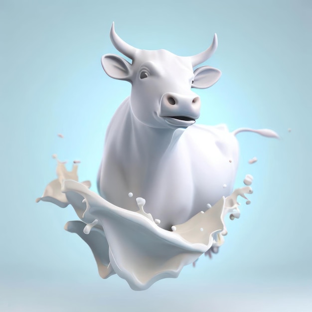 Renderowanie 3D Ai szczęśliwej krowy skaczącej w białym plusku mleka