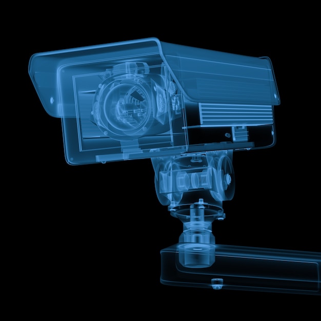 Renderowanie 3d aparat bezpieczeństwa x ray lub kamera cctv na czarnym tle