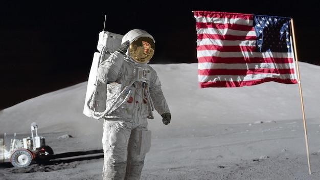 Renderowanie 3D Astronauta pozdrawiający amerykańską flagę Animacja CG