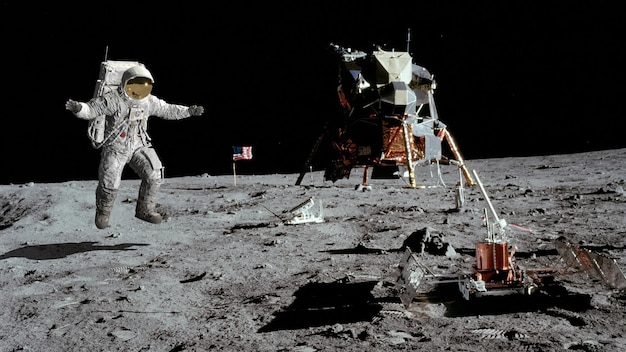 Renderowanie 3D. Astronauta skaczący na Księżycu. Animacja komputerowa. Elementy tego obrazu dostarczone przez NASA.