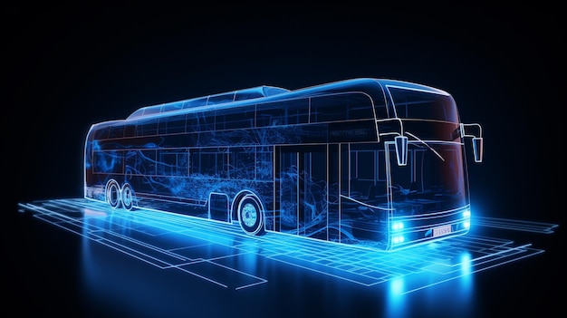 Zdjęcie renderowanie 3d autobusu z neonami na ciemnym tle