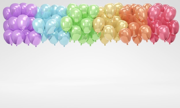 Renderowanie 3D balonów w kolorze tęczy unoszących się z miejscem na kopię pod koncepcją koloru LGBTQ