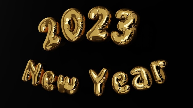 Renderowanie 3D banera z tekstem Nowy Rok 2023 w postaci balonów na czarnym tle