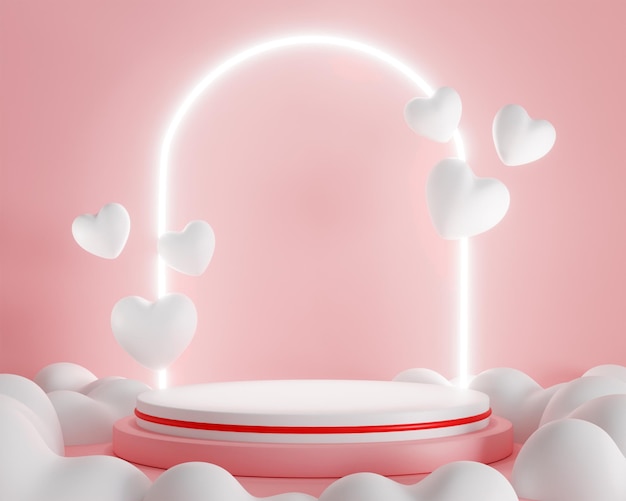 Renderowanie 3d Białe serce i stojak na podium, aby pokazać wyświetlanie produktu na różowym tle i świetle pierścieniowym Abstrakcyjne minimalne kształty geometryczne tło dla projektu walentynkowego