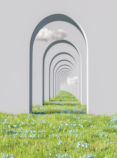 Renderowanie 3d białe tło ściany łuku z niebieskimi kwiatami Nowoczesna koncepcja projektowania