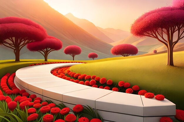 Zdjęcie renderowanie 3d białego podium z czerwonymi kwiatami i pięknym tłem nieba