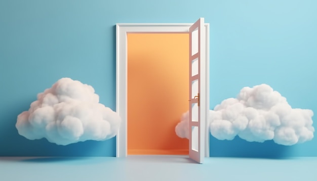Renderowanie 3D białych chmur wylatujących z niebieskich otwartych drzwi w pustym pokoju