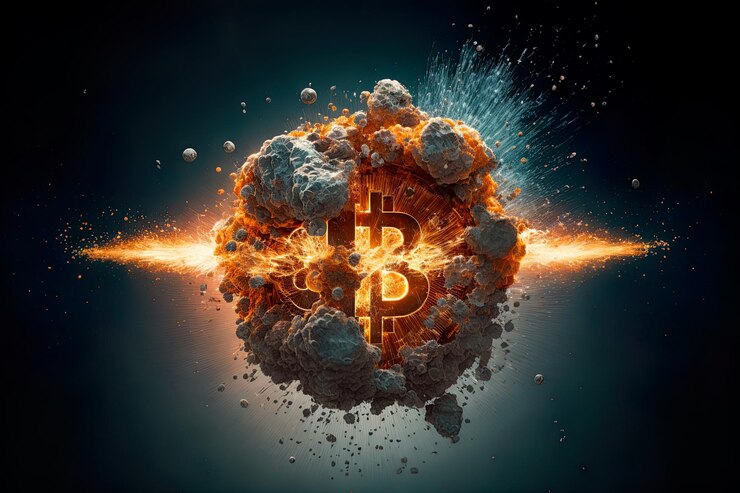 Renderowanie 3D. Bitcoin eksploduje jak moneta, rozrzucając połamane kawałki i koła zębate