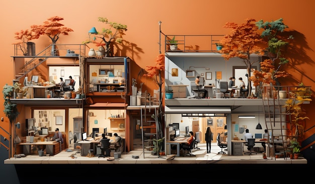 Renderowanie 3D biura coworkingowego z ludźmi pracującymi w tle