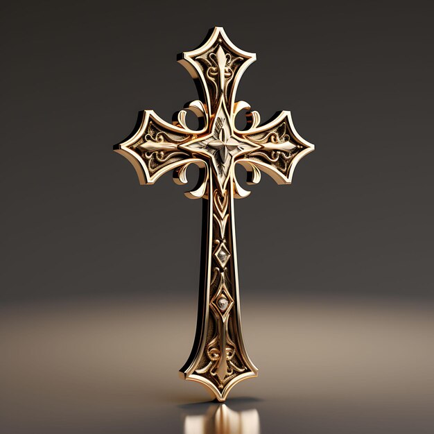 Renderowanie 3D błyszczącego złotego krzyża z czarnymi rodowanymi detalami i palmą wielkanocną w Wielki Piątek