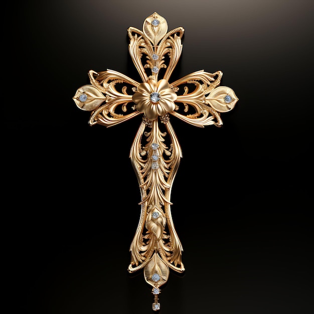 Renderowanie 3D błyszczącego złotego krzyża z inkrustowanymi diamentami kwiatowymi dekoracjami Wielki Piątek Palma Wielkanocna
