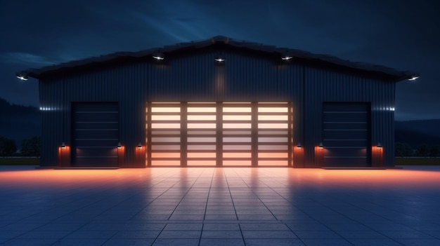 Renderowanie 3D budynku hangaru na zewnątrz i drzwi żaluzji oraz podłogi z cegły brukowej w nocy