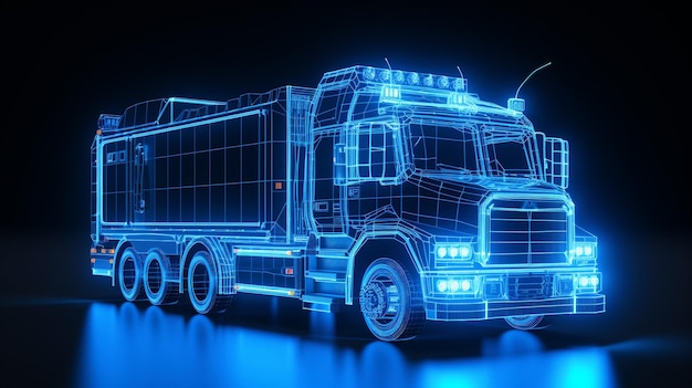 Renderowanie 3D ciężarówki z niebieskimi światłami na czarnym tle