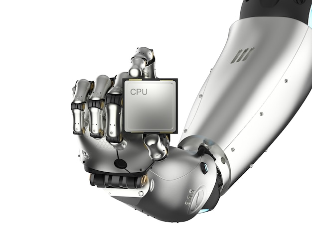 Renderowanie 3d cyborg ręka trzymająca chip procesora na białym tle