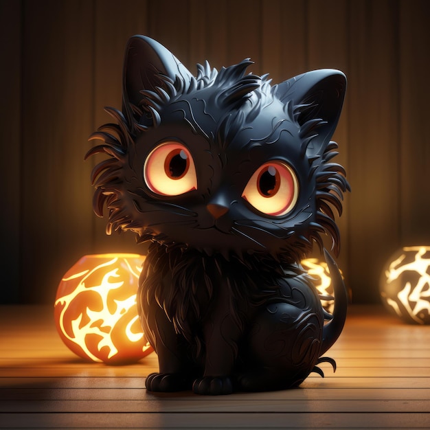 Renderowanie 3D czarnego kota ze świecącymi oczami