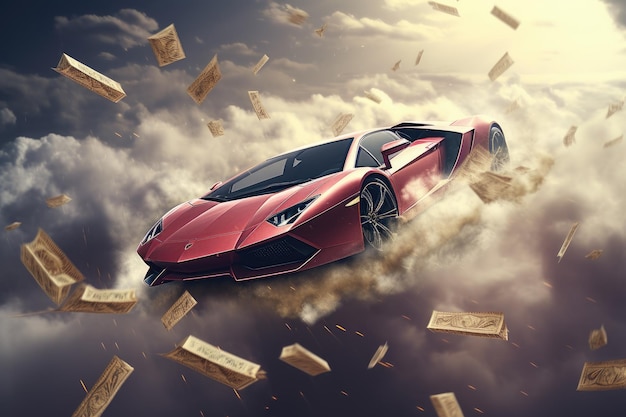 Renderowanie 3D czerwonego samochodu sportowego lecącego przez chmury Lamborgini lecącego przez chmury pieniędzy Wygenerowano AI