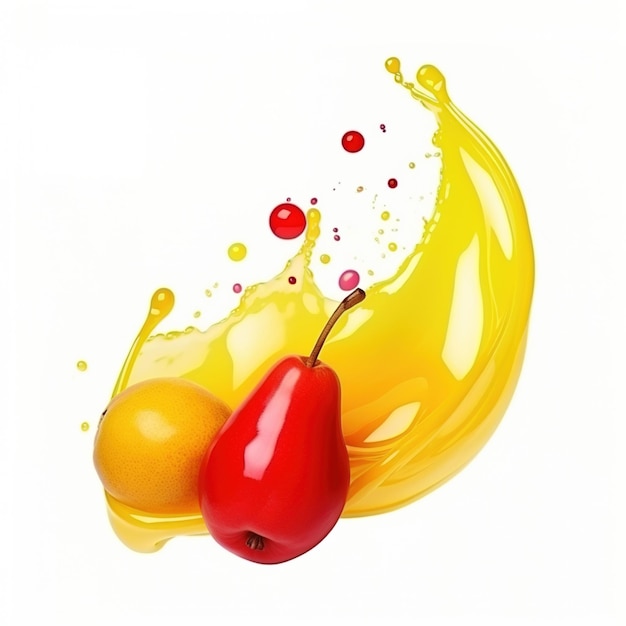 Renderowanie 3D czerwonej gruszki i żółtego jabłka z żółtą plamą płynu