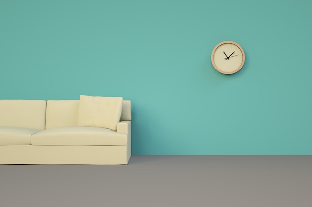 Renderowanie 3D czysty pokój z nowoczesną sofą i zegarem na ścianie
