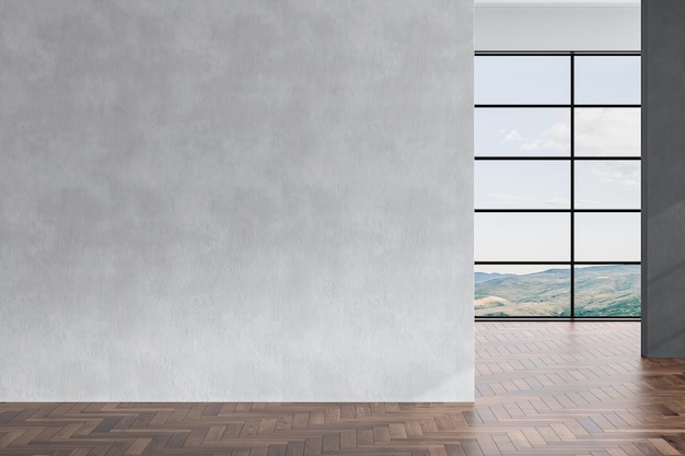 Renderowanie 3D domu Pusty pokój czarne, białe ściany panoramiczne okno makieta kopia przestrzeń Renderowanie 3D
