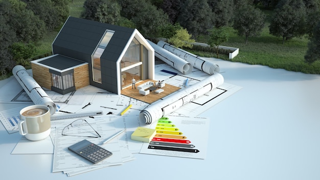 Renderowanie 3D domu z planami, wykresami energetycznymi i innymi dokumentami w terenie