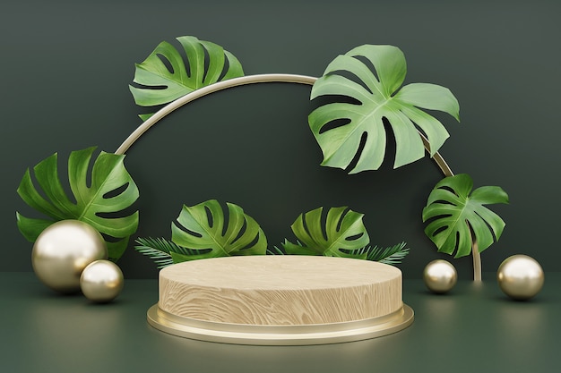 Renderowanie 3d Drewnianego Podium Do Wyświetlania Produktów Z Liśćmi Monstera.