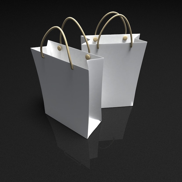 Renderowanie 3D dwóch białych toreb na zakupy na ciemnym tle