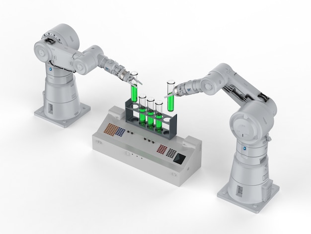 Renderowanie 3d dwóch robotycznych rąk pracujących na probówkach