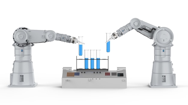 Renderowanie 3d dwóch robotycznych rąk pracujących na probówkach