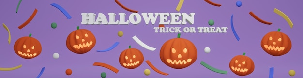 Renderowanie 3D dynie Halloween i tekst HALLOWEEN TRICK OR TREAT wokół z konfetti na tle