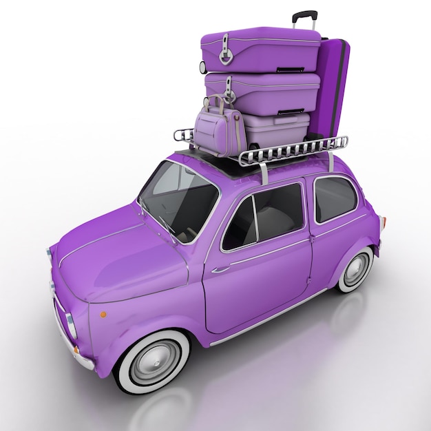 Renderowanie 3D fioletowego kompaktowego samochodu ze stertą bagażu na górze