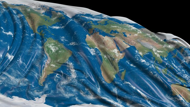 Renderowanie 3d flagi z teksturą planety Ziemia Flaga rozwija się płynnie na wietrze