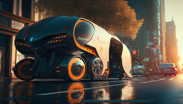 Renderowanie 3D futurystycznego pojazdu transportowego na drodze w mieście