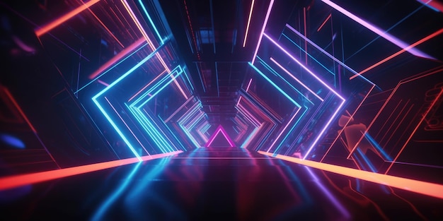 Renderowanie 3D futurystycznego tła z geometrycznymi kształtami i kolorowymi neonami Generative AI AIG21