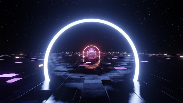 Renderowanie 3D. Futurystyczny krajobraz sci-fi, korytarz neonowych świecących kręgów na metalowej podłodze na tle rozgwieżdżonego nieba.