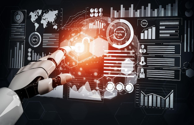 Renderowanie 3D Futurystyczny rozwój technologii robotów sztuczna inteligencja AI i koncepcja uczenia maszynowego Globalne roboty bioniczne badania naukowe dla przyszłego ludzkiego życia Ilustracja 3D