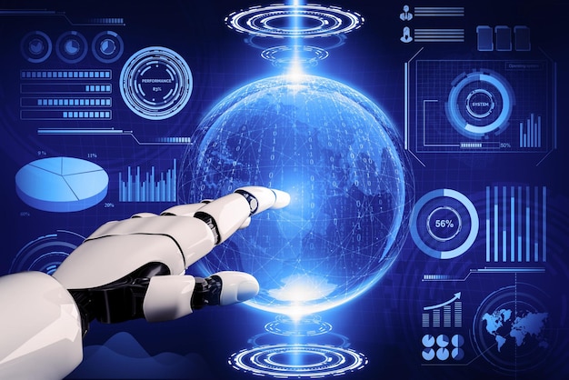 Renderowanie 3D Futurystyczny rozwój technologii robotów sztuczna inteligencja Koncepcja sztucznej inteligencji i uczenia maszynowego Globalne badania robotyki bionicznej dla przyszłego życia ludzkiego Ilustracja 3D
