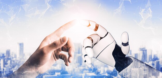 Zdjęcie renderowanie 3d futurystyczny rozwój technologii robotów sztuczna inteligencja koncepcja sztucznej inteligencji i uczenia maszynowego globalne badania robotyki bionicznej dla przyszłego życia ludzkiego ilustracja 3d