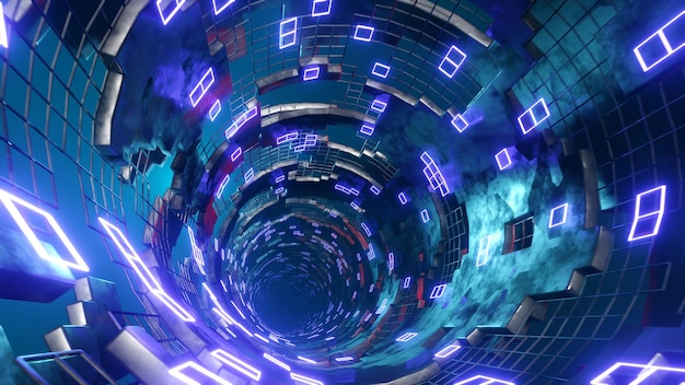 Renderowanie 3D futurystycznych korytarzy w tunelach science-fiction lub neonów. Abstrakcyjny.