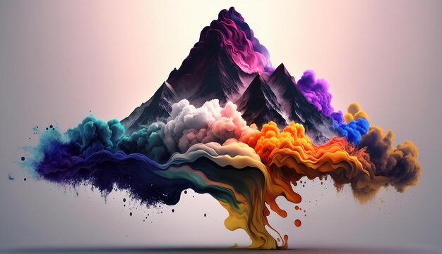 Renderowanie 3D góry z chmurą kolorowego dymu i wody zmieszanej w postaci farby w sprayu AI Generated Image