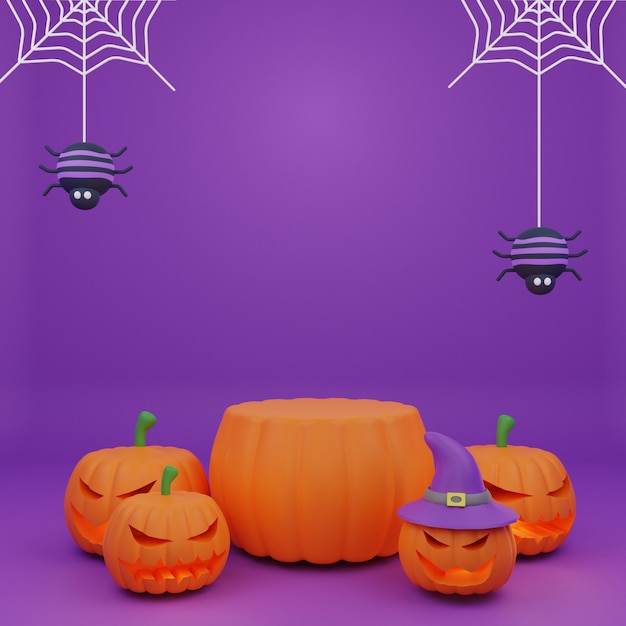 Renderowanie 3d Halloween Dynia Podium Promocja Straszny Charakter Dyni Pająki Tło