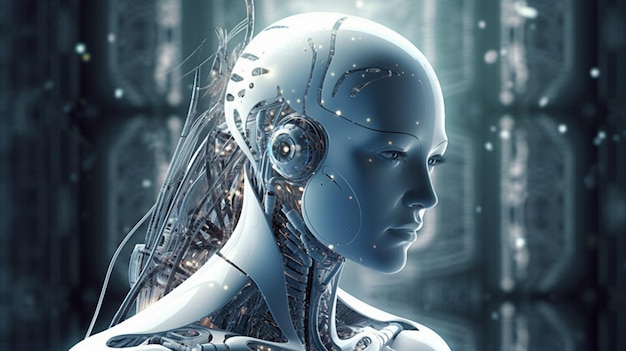 Renderowanie 3D hologramu twarzy cyborga w sztucznej inteligencji i koncepcji uczenia maszynowego