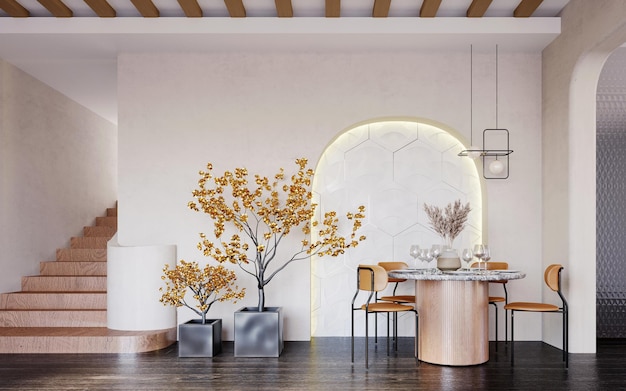 Renderowanie 3d, ilustracja 3d, scena wewnętrzna i makieta, kącik jadalny z okrągłym kolorowym stołem, który znajduje się na szczycie drewnianej ściany ozdobionej zakrzywionym, ciepłym białym drewnem.